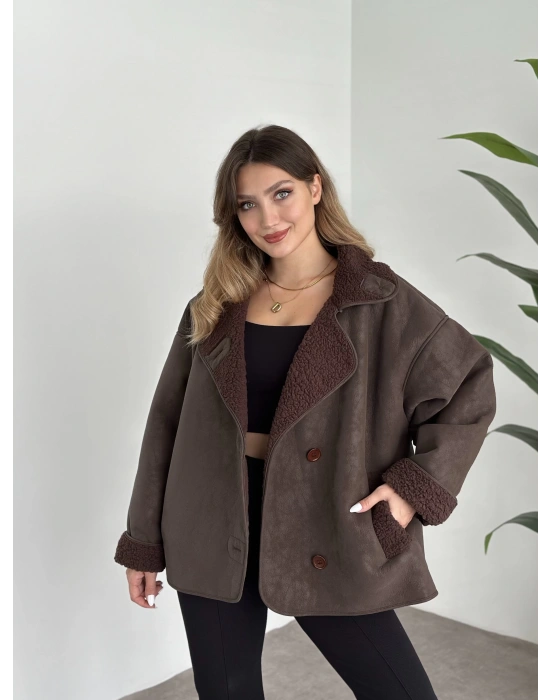 Dokulu süet içi peluşlu oversize marka model mont kahve