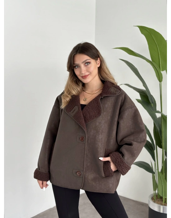 Dokulu süet içi peluşlu oversize marka model mont kahve