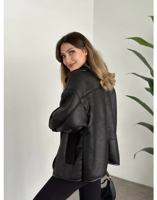 Dokulu süet içi peluşlu oversize marka model mont siyah