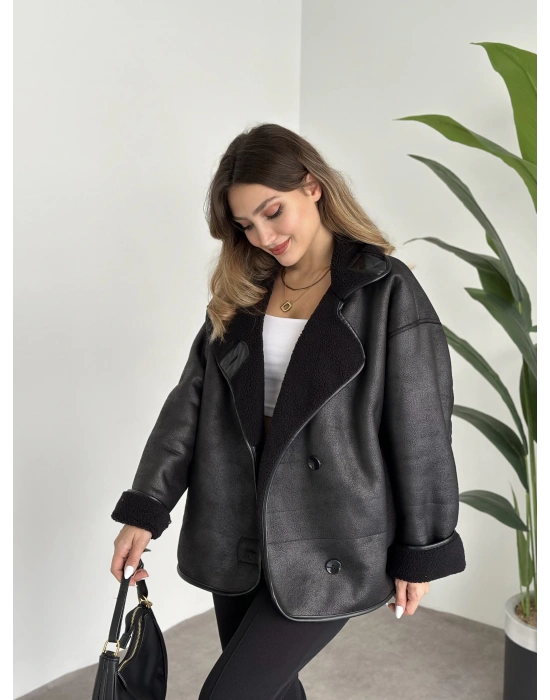 Dokulu süet içi peluşlu oversize marka model mont siyah