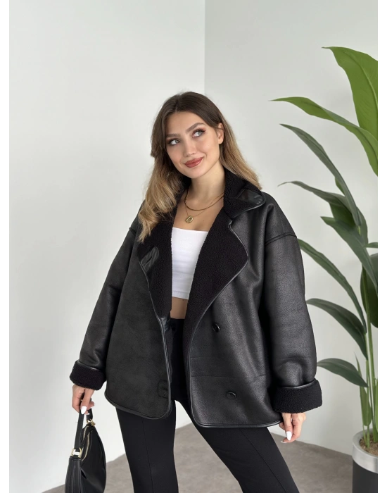 Dokulu süet içi peluşlu oversize marka model mont siyah