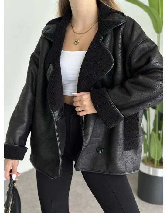 Dokulu süet içi peluşlu oversize marka model mont siyah