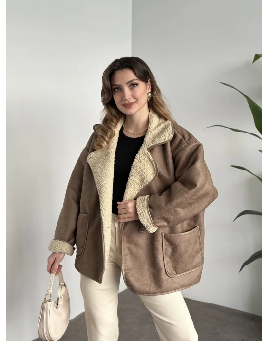 Dokulu süet zr model içi krem peluşlu oversize mont camel
