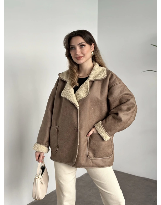 Dokulu süet zr model içi krem peluşlu oversize mont camel
