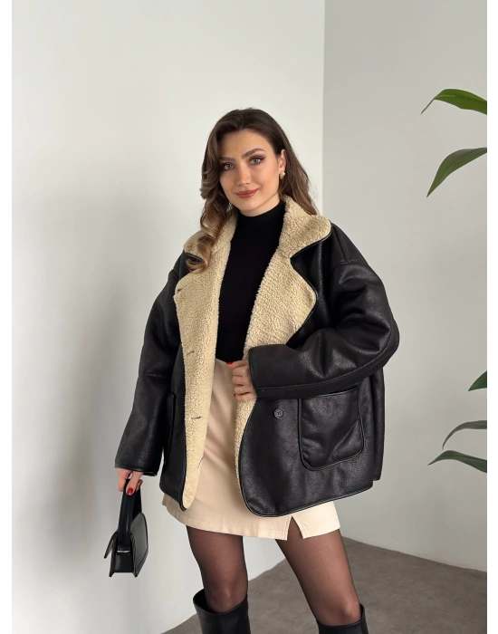 Dokulu süet zr model içi krem peluşlu oversize mont siyah