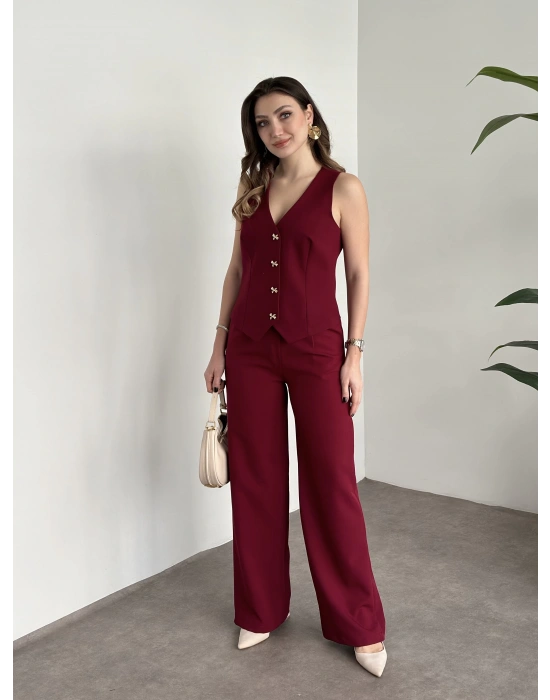 Düğme detaylı yelekli takım bordo