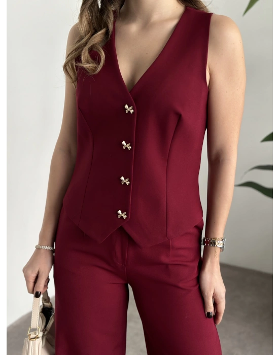 Düğme detaylı yelekli takım bordo