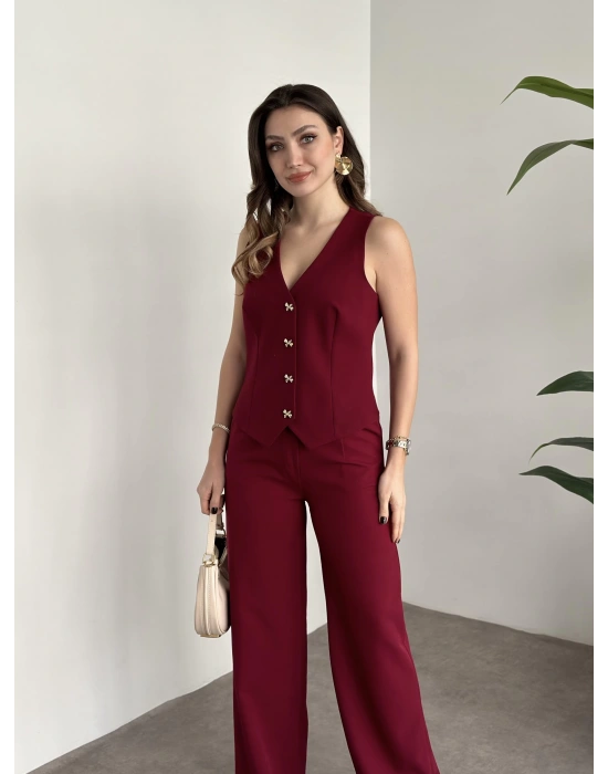Düğme detaylı yelekli takım bordo
