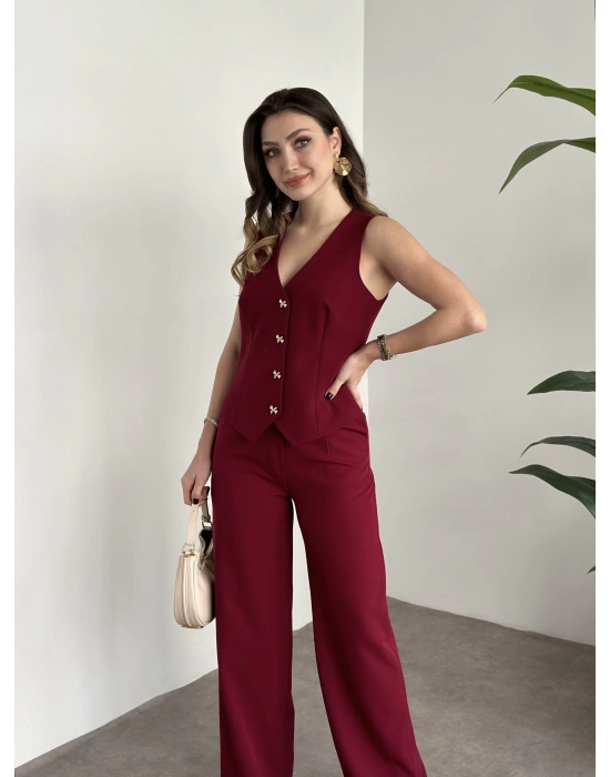 Düğme detaylı yelekli takım bordo