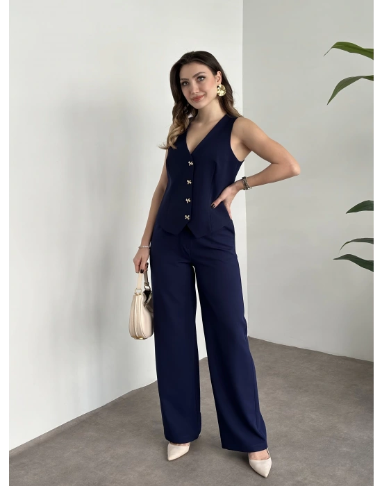 Düğme detaylı yelekli takım lacivert