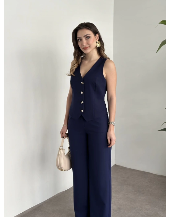 Düğme detaylı yelekli takım lacivert