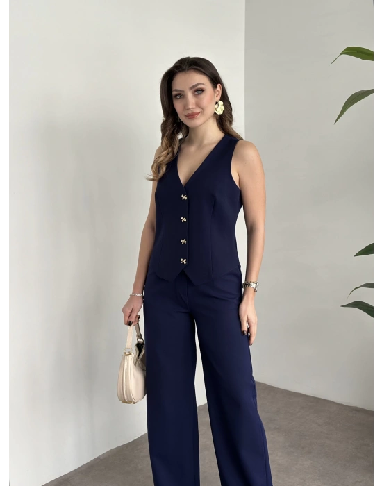 Düğme detaylı yelekli takım lacivert