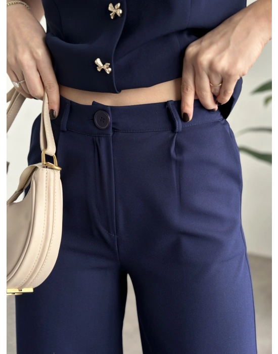 Düğme detaylı yelekli takım lacivert