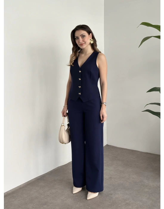 Düğme detaylı yelekli takım lacivert