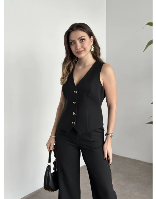 Düğme detaylı yelekli takım siyah