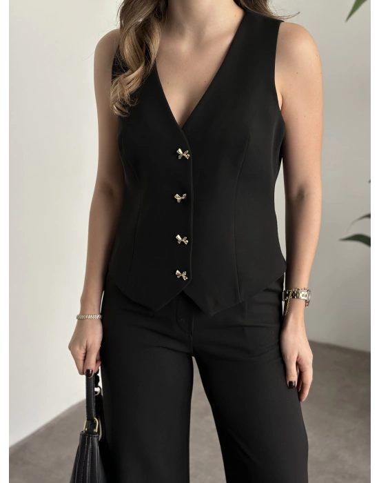 Düğme detaylı yelekli takım siyah