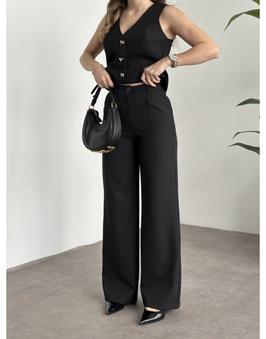 Düğme detaylı yelekli takım siyah