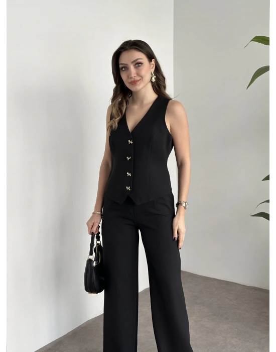 Düğme detaylı yelekli takım siyah