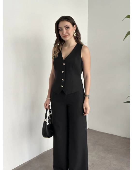 Düğme detaylı yelekli takım siyah