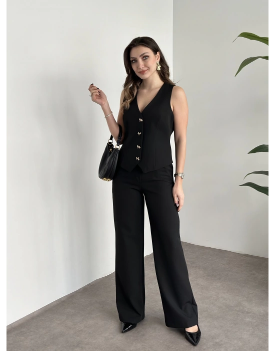 Düğme detaylı yelekli takım siyah