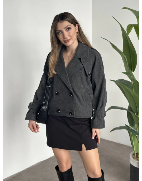 Düğmeli astarlı kısa kaşe kaban antrasit