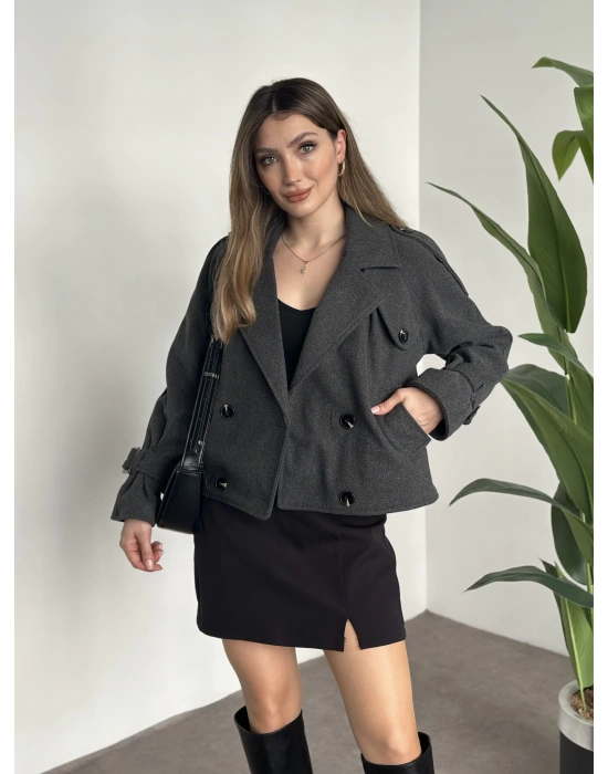 Düğmeli astarlı kısa kaşe kaban antrasit