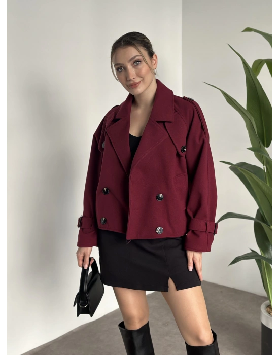 Düğmeli astarlı kısa kaşe kaban bordo