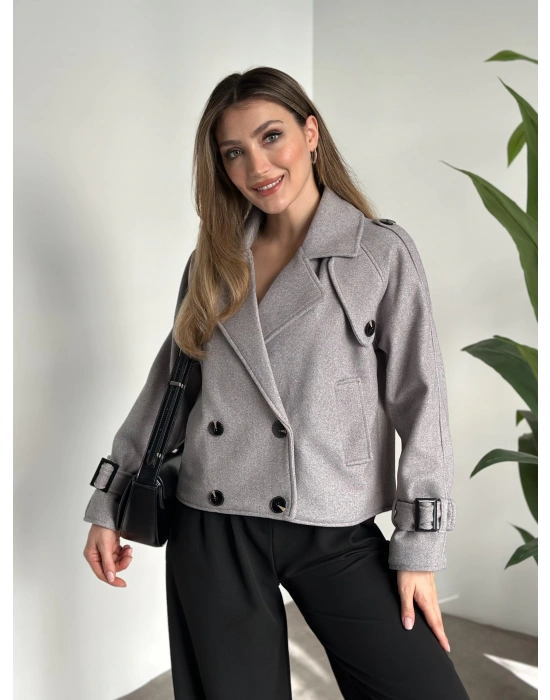 Düğmeli astarlı kısa kaşe kaban gri