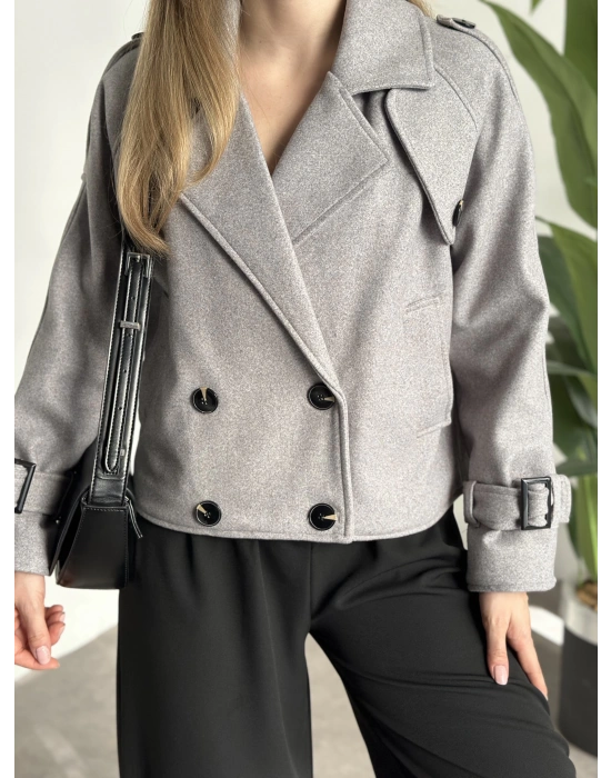 Düğmeli astarlı kısa kaşe kaban gri