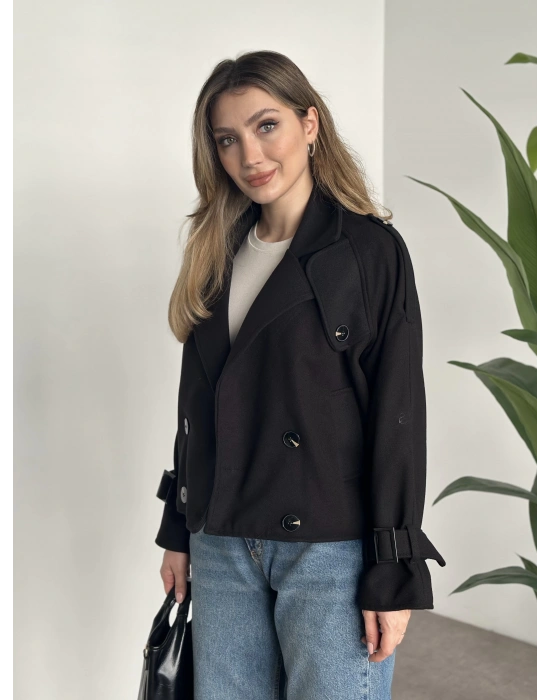 Düğmeli astarlı kısa kaşe kaban siyah