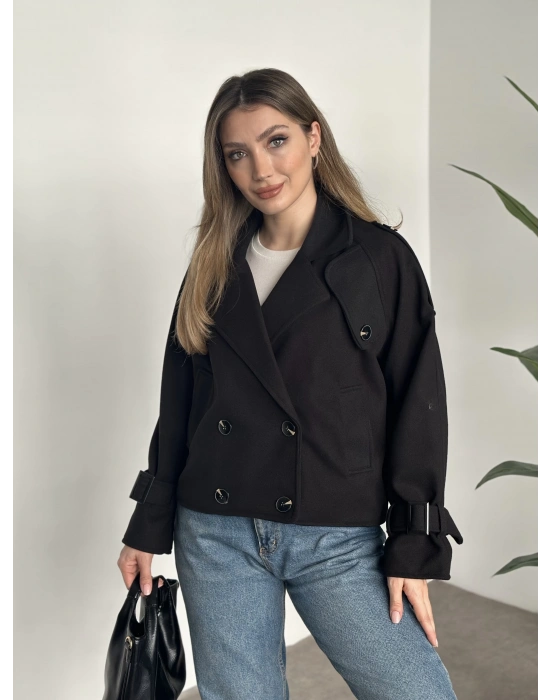 Düğmeli astarlı kısa kaşe kaban siyah