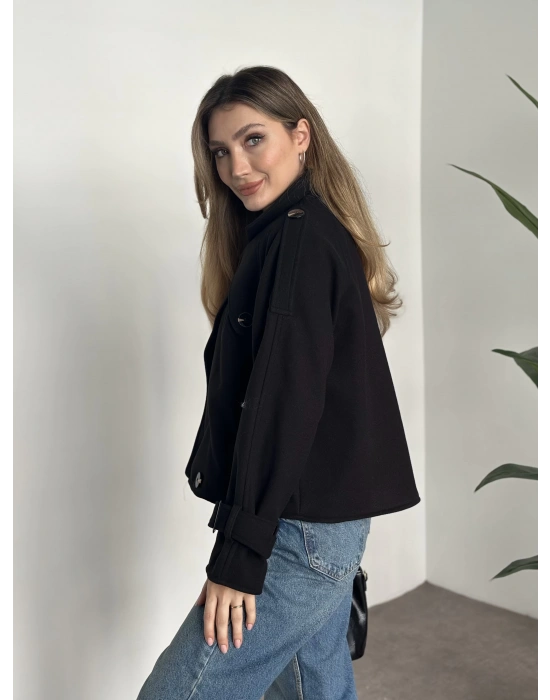 Düğmeli astarlı kısa kaşe kaban siyah