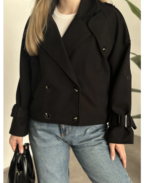 Düğmeli astarlı kısa kaşe kaban siyah