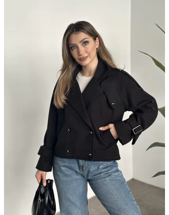 Düğmeli astarlı kısa kaşe kaban siyah