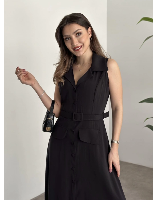 Düğmeli belinden kemerli maxi boy bambu kumaş siyah