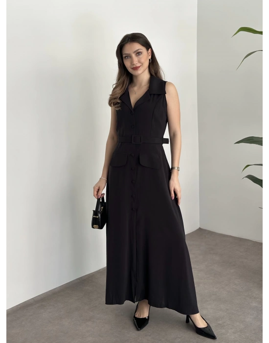 Düğmeli belinden kemerli maxi boy bambu kumaş siyah