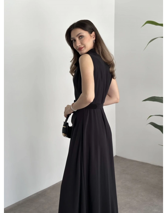 Düğmeli belinden kemerli maxi boy bambu kumaş siyah