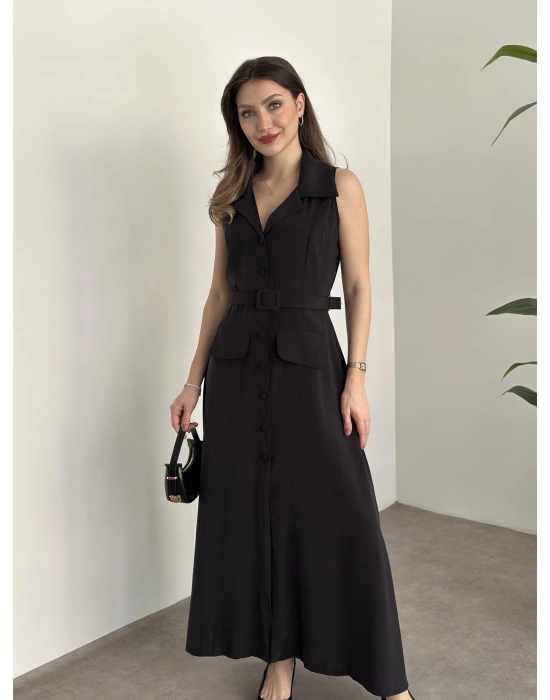 Düğmeli belinden kemerli maxi boy bambu kumaş siyah