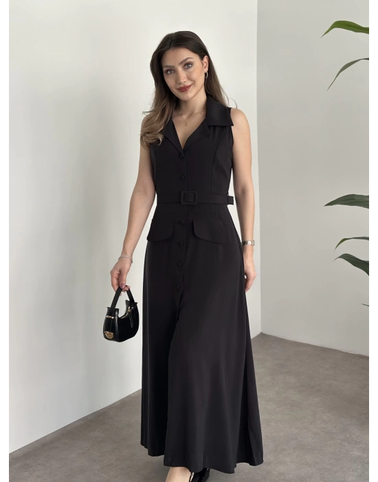 Düğmeli belinden kemerli maxi boy bambu kumaş siyah