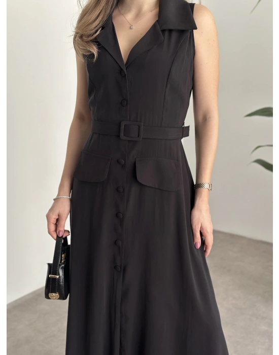 Düğmeli belinden kemerli maxi boy bambu kumaş siyah