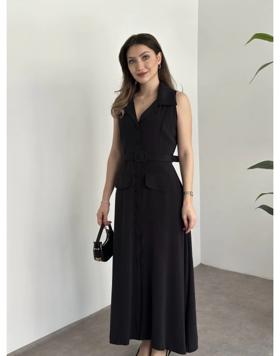 Düğmeli belinden kemerli maxi boy bambu kumaş siyah