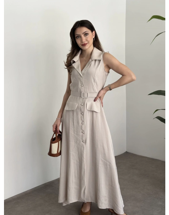 Düğmeli belinden kemerli maxi boy bambu kumaş taş