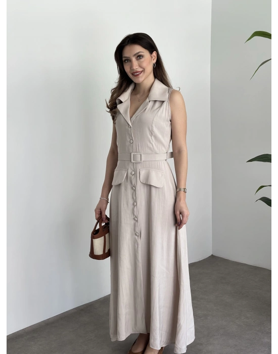 Düğmeli belinden kemerli maxi boy bambu kumaş taş