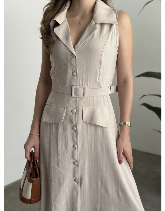 Düğmeli belinden kemerli maxi boy bambu kumaş taş