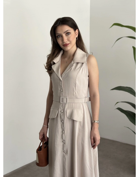 Düğmeli belinden kemerli maxi boy bambu kumaş taş