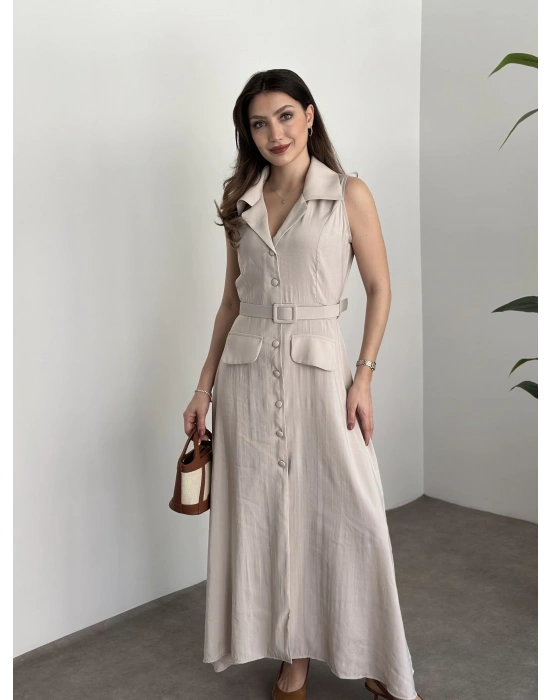 Düğmeli belinden kemerli maxi boy bambu kumaş taş