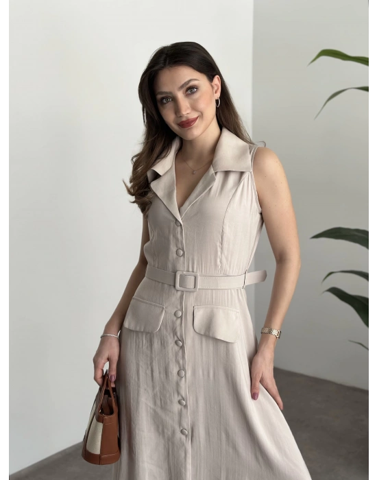 Düğmeli belinden kemerli maxi boy bambu kumaş taş