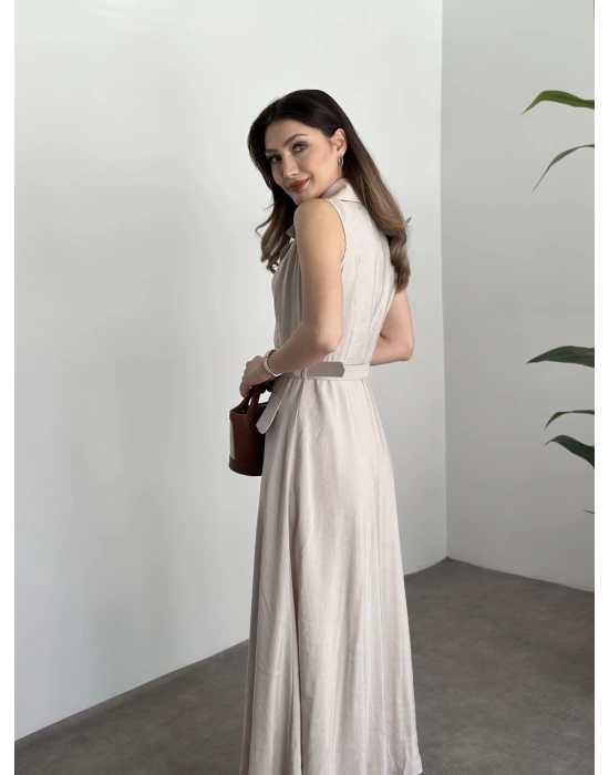 Düğmeli belinden kemerli maxi boy bambu kumaş taş