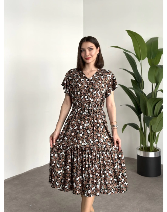 Düğmeli Belinden Kuşaklı Viskon Kumaş Elbise Kahve Beyaz Çiçekli