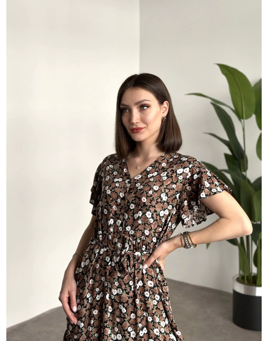 Düğmeli Belinden Kuşaklı Viskon Kumaş Elbise Kahve Beyaz Çiçekli